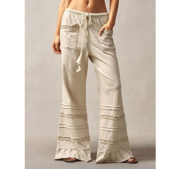 Boho Cream Stretchy Waist Pocket Ruffles Hem Wide Leg Pants - Picture 1 of 7